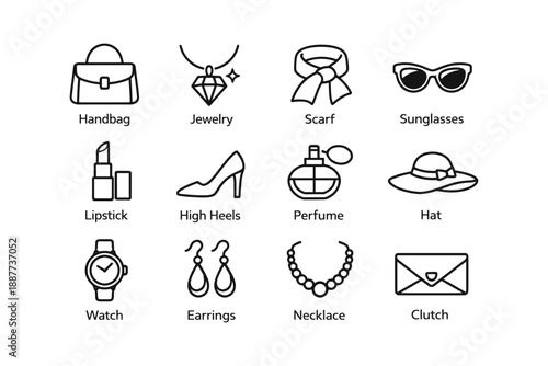 Fashion accessories icons: bags, jewelry, shoes, scarves, and more