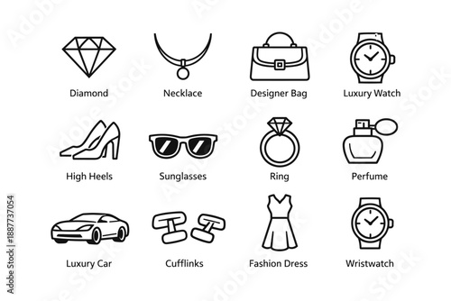 Luxury fashion icons including diamond, necklace, high heels, and wristwatch