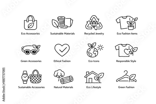 Eco-friendly icons: sustainable fashion and green lifestyle symbol set