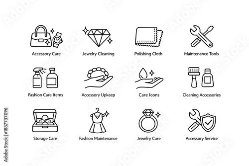 Icon set illustrating fashion and accessory care with maintenance items