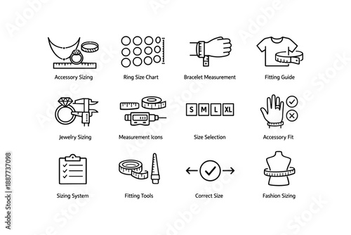 Measurement icons for jewelry, clothing, and accessories sizing and fitting guidance
