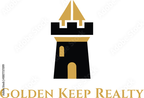Golden Keep Realty Logo Design with Castle Tower and Growth Arrows for Real Estate