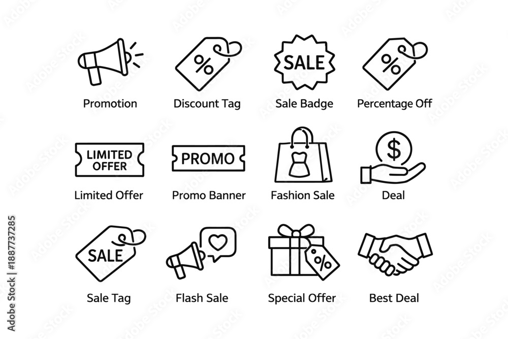 Fototapeta premium Sale and promotion icons set featuring megaphone, tags, shopping bag, gift, and handshake
