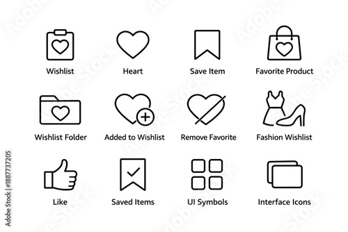 User interface icons for wishlist and favorites in e-commerce apps