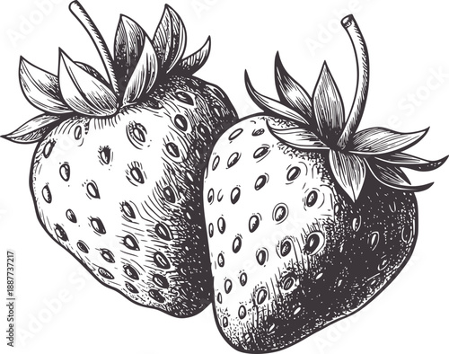Two pen and ink strawberries with leaves and stems strawberry fruit food