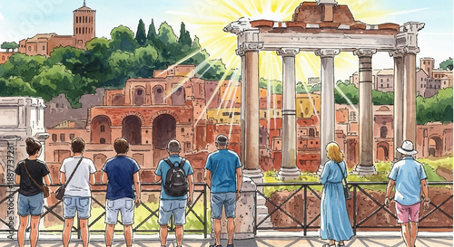 Watercolor Illustration of Tourists Admiring Ancient Roman Ruins under a Bright Sunny Sky