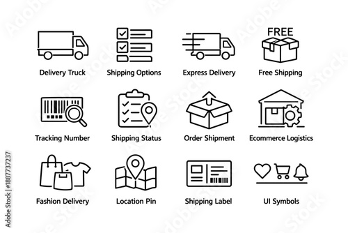 Ecommerce and delivery icons: shipping, logistics, and parcel tracking symbols