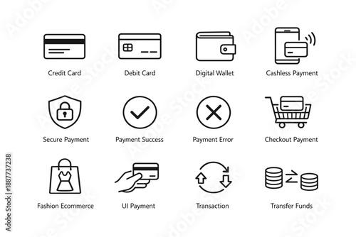 Digital payment icons: credit card, wallet, mobile transaction, security, ecommerce