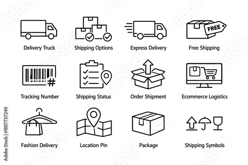 Delivery and shipping icons: trucks, packages, logistics, ecommerce, tracking