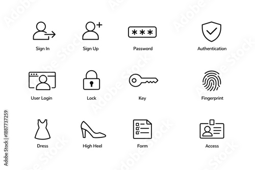 Collection of security and fashion icons including sign in, lock, fingerprint, dress, high heel