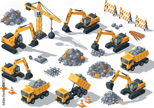 Construction Site Equipment Isometric View of Machinery and Materials