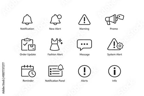Notification and alert icons set: bell, warning, megaphone, and more