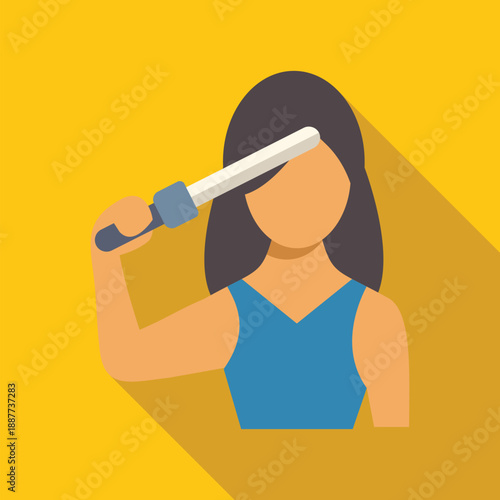 Woman styling hair with a curling iron, presenting a flat design icon on a yellow background