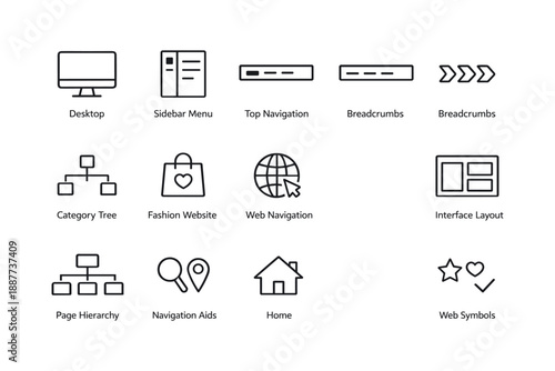 Simple web icons: desktop, menu, navigation, hierarchy, home, symbols