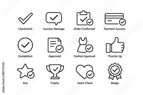 12 outline icons: checkmark, approval, payment, trophy, badge, heart, fashion, thumbs up