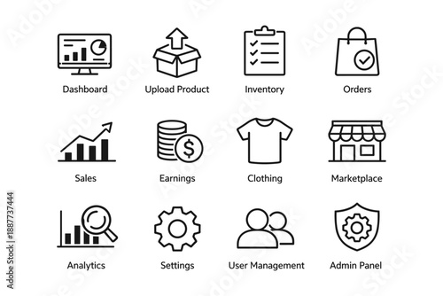 E-commerce icons: dashboard, product upload, orders, sales, analytics