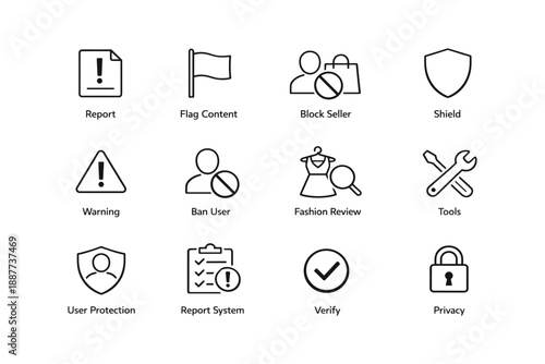 Icon set: report, flag, block, shield, warning, ban, fashion, tools, user protection, verify, privacy