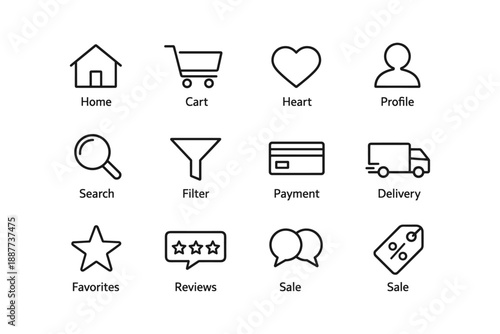 Simple black line icons set: home, cart, heart, profile, search, filter, payment