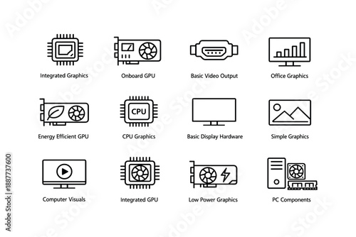 Icons of graphics and display components with integrated and onboard gpu symbols