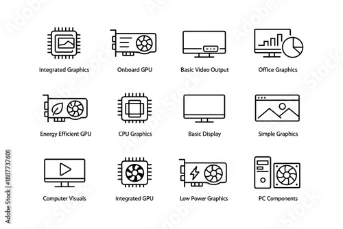 Twelve graphics card icons for computer visuals and display solutions