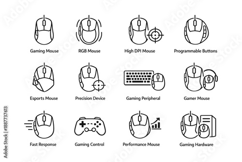 Gaming mouse icons with multiple features and performance enhancements