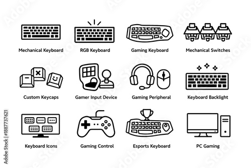 Icon set of gaming keyboards and accessories for pc enthusiasts