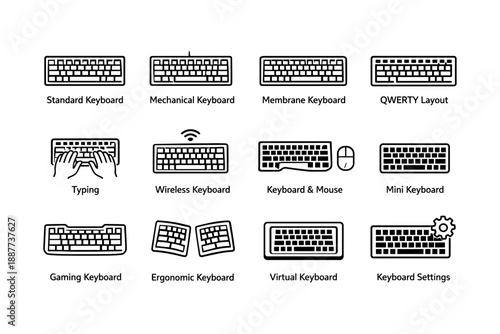 Various keyboard types and layouts: standard, mechanical, membrane, wireless, and more