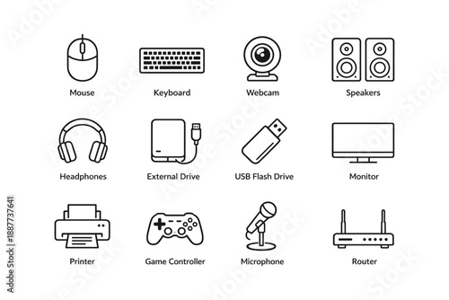 Collection of computer accessories icons: mouse, keyboard, webcam, speakers, headphones, drive, usb