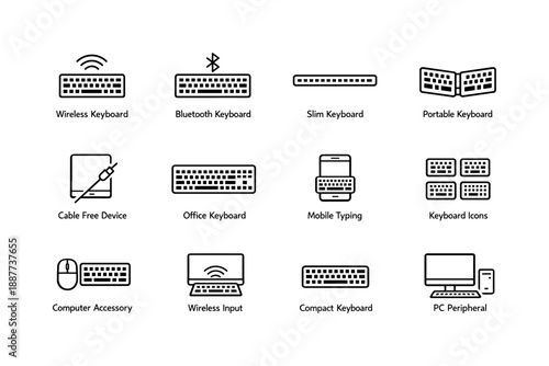 Variety of keyboard types: wireless, bluetooth, slim, portable, compact, office, mobile, icons, pc