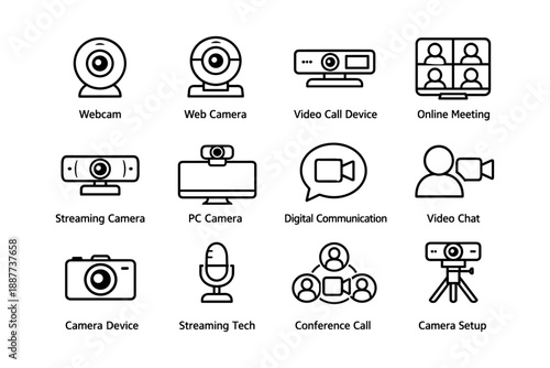 Webcam and video call icons for online communication and streaming