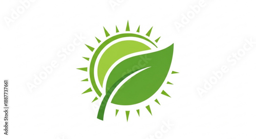 Eco friendly symbol with green leaf and sun rays on white background for nature and sustainability concepts