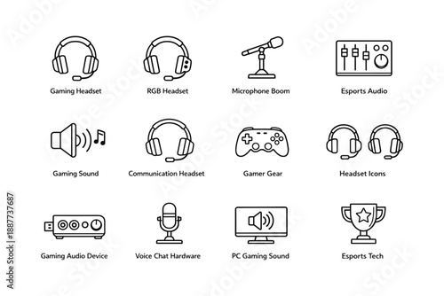 Gaming audio device and esports tech icon set featuring headsets and audio equipment