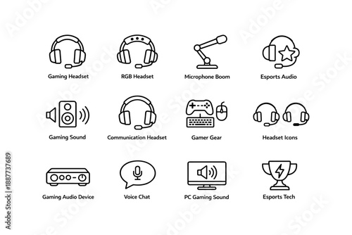 Collection of gaming audio and communication gear icons for esports enthusiasts
