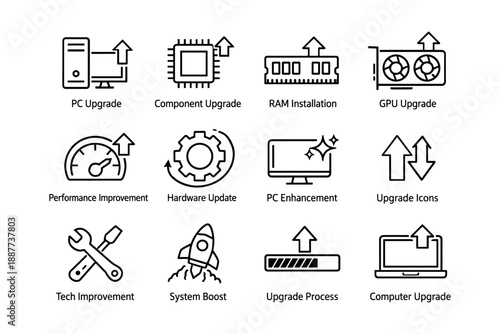 Computer and hardware upgrade icons: pc, ram, cpu, gpu, performance