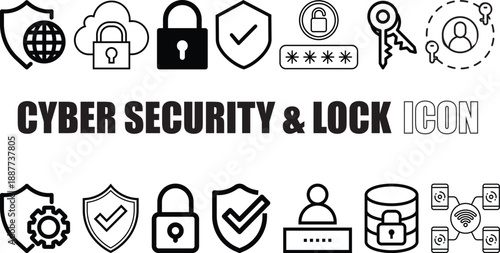 Cyber Security Icon Set with Lock, Shield, Password and Access Protection Symbols
