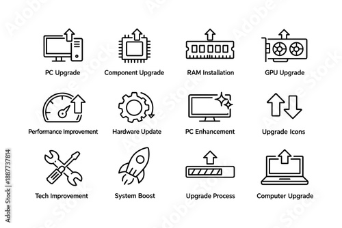 Pc upgrade icons: ram, gpu, performance, tech improvements, system boost