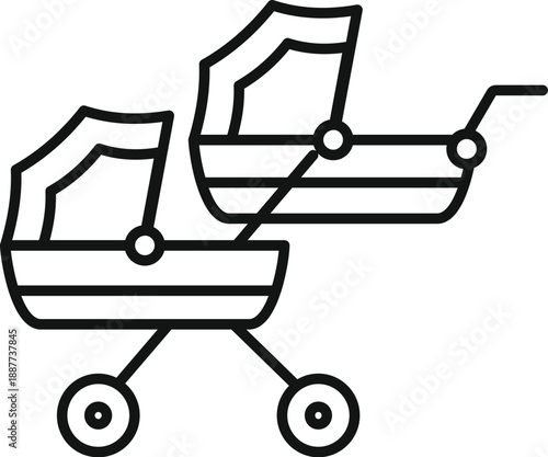Line art icon showing a modern double stroller for two babies