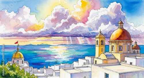 Vibrant watercolor painting of a sun-drenched coastal town with domed buildings and shimmering ocean