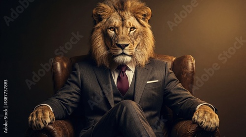 Lion in a business suit sitting on a leather chair looking forward formally