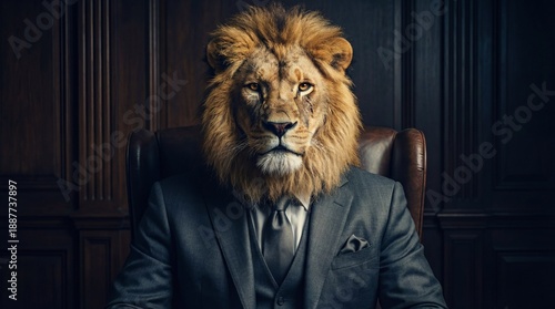 Lion in a business suit sitting in a leather office chair looking forward
