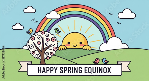 Happy spring equinox scene with smiling sun rainbow and blooming tree on green hill