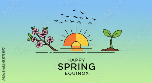 Happy spring equinox greeting with blooming tree rising sun and sprouting seedling in nature