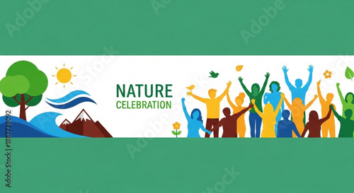 Vibrant nature celebration banner with diverse people and eco friendly elements in green blue yellow and brown tones