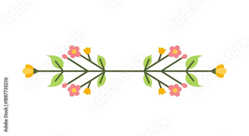 Floral design element with pink flowers green leaves and yellow buds on a brown stem isolated on white background for decoration and graphic design
