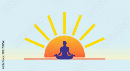 Person meditating in lotus position at sunrise or sunset with vibrant orange and yellow sun rays