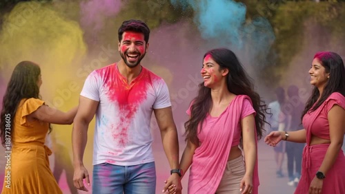 Happy people at the Holi festival outdoors, while someone sprinkles them with colorful paints in powder.