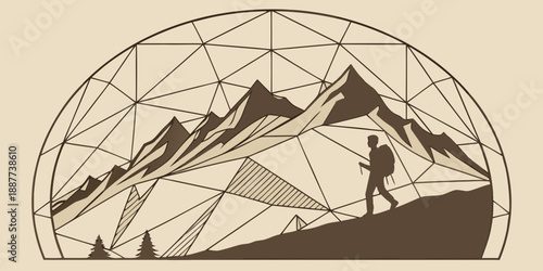 Silhouette of a hiker in a geometric landscape