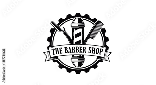 Vintage Barbershop Emblem with Gear, Barber Pole, Razor, and Scissors on Isolated White Background