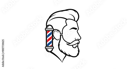 Stylized Man Head with Beard and Mustache, Barber Pole, in Profile View on Isolated White Background