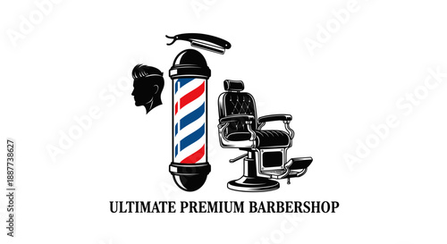 Comprehensive Barbershop Logo with Pole, Chair, Razor, and Man Silhouette, isolated white background.